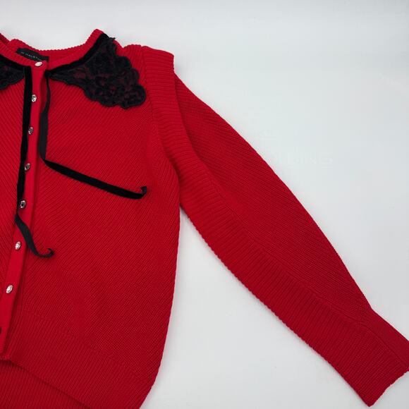 H HALSTON Womens Lace Yoke Wool Blend Cardigan Size L Red Black Whimsygoth - Picture 4 of 8